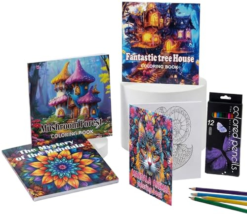Katyjun ArtRelax malbücher für erwachsene 120g Papier schützt vor Tintendurchdringung ausmalbuch für Zuhause Büro und Feierabend Entspannung mandala 4er Set 20x20cm Tiere Haus Motive