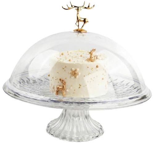 Cake Display Serving Tray, Large Clear Acrylic Cake Stand 12, Plastic Cake Stands with Cover Reusable, Cake Stand with Dome Lid, for Afternoon tea, Wedding, Birthday Party, Baking Gifts (Golden Deer)