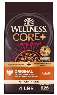 Wellness CORE+ Small Breed Adult Dry Dog Food with Freeze Dried Pieces, Grain Free Kibble+, Natural, High Protein, Turkey and Chicken Recipe, 4 lb Bag