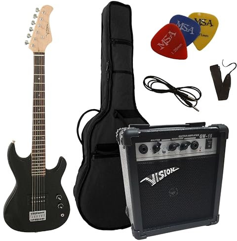 KINDER ELEKTROGITARRE - 3/4 GRÖßE - E GITARRE JUNIOR SCHWARZ - SET - VERSTÄRKER 20 WATT - 3xPLEKTRONS - TASCHE - BAND