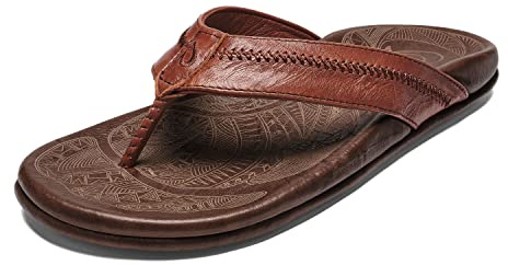 OLUKAI Hiapo Men's Leather Beach Sandal, Crafted Materials, Lightweight & Durable, All-Day Comfort & Support, Rum/Dark Wood, 10
