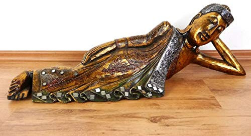 livasia Buddha, Buddhismus Statue, liegende Skulptur aus Holz, Dekofigur (80cm)