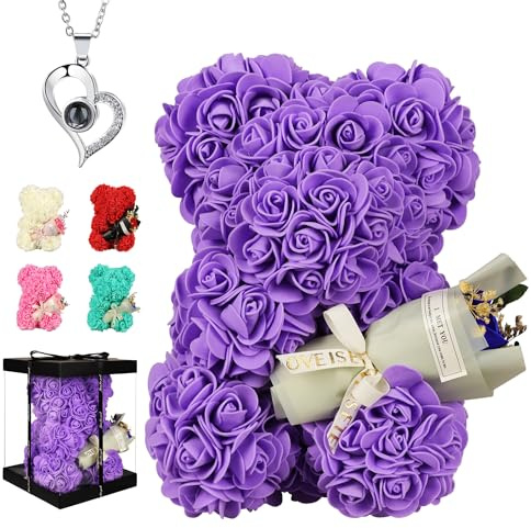 POHOMEGK Rosenbär Handmade Teddybär mit Blumen & Herz-Anhänger – Perfektes Geschenkset für Sie Weihnachten, Geburtstag, Muttertag, Valentinstag, Wohnkultur-Deko (Lila)
