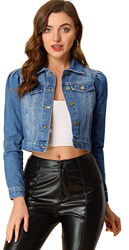 Allegra K Women's Jean Jackets Puff Sleeve Button Up Cropped Denim Jacket Small Blue