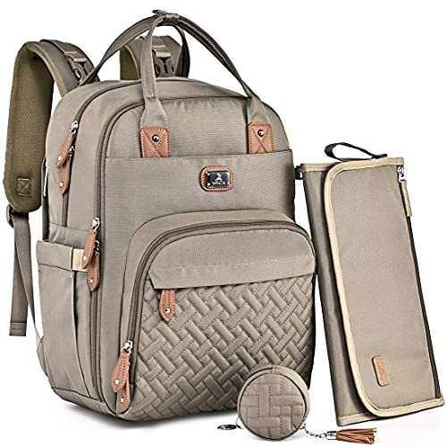 Dikaslon Sac a Langer Bebe, Sac à Langer à Dos Grande Capacité 18 Poches, Polysteer Déperlant, Tapis à Langer, Porte Tétine, Sangles Intégrées Poussette – Sorties Faciles (Kaki)