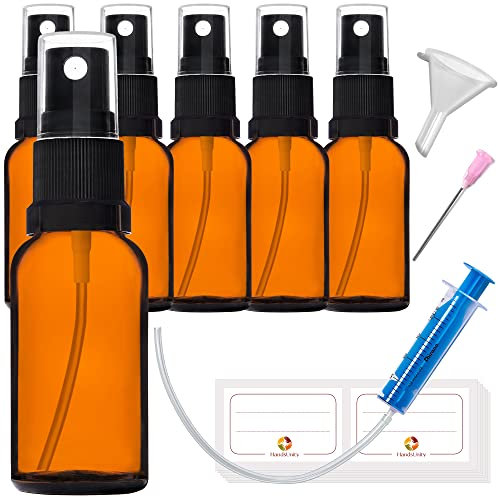 HandsUnity 20ml-6pcs de Flacon Pulvérisateur en Verre - set de Flacons en Verre Ambré de Pharmacie avec Vaporisateur Noir Flacon Pulvérisateur en Verre Brun comprenant 5 Accessoires