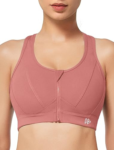 Yvette Sport-BH med dragkedja fram – slagtålig sport-BHS för kvinnor, stor storlek, träning, fitness, löpning, Rosenröd, L plus size