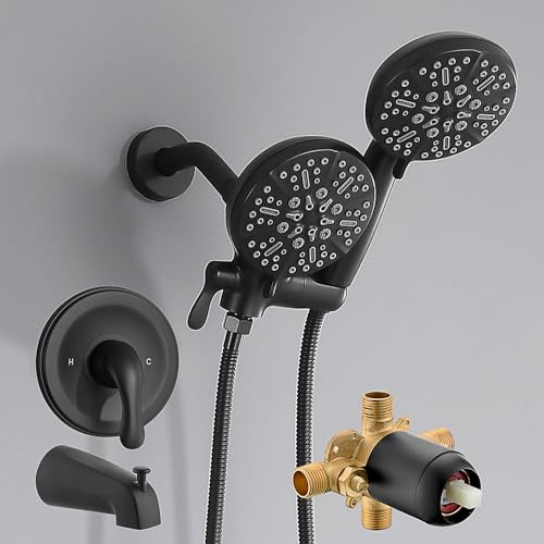 FROPO Schwarzes Duscharmatur-Set, komplett mit Wannenauslauf – Wannen- und Duscharmaturen-Kombination, Duales 2-in-1-Duschsystem mit Handbrausekopf, 3-Wege-Wasserumsteller, Duschverkleidungsset