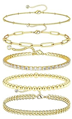 DEARMAY 14K Gold Plated Bracelets for Women Jewelry Sets for Women Cute Tennis Beaded Bracelets Cuban Link Paperclip Chain Dainty Bracelet Pack Gifts