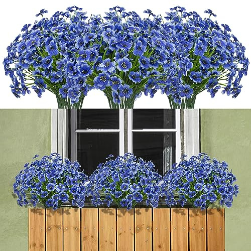 maoodoo 15 Bundles Artificial Flowers Outdoor UV Resistant Fake Silk Plants Plastic Faux Shrubs Outside Front Porch Window Box Garden Home Hanging Planter Decoration (Blue)