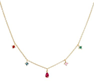 SINGULARU - Collana Cascade Colors. Argento Sterling 925 con Finitura Placcata Oro 18 Kt e Zirconi Colorati. Catena con Pendente, Taglia Unica 35 cm con Estensione. Gioielli da Donna