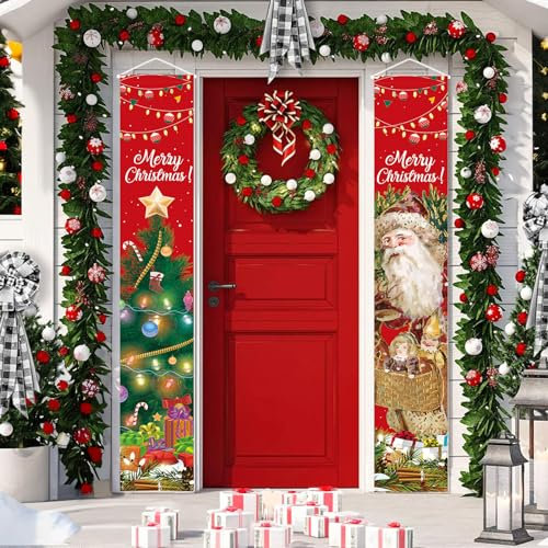 Frohe Weihnachten Banner für Weihnachtsdeko Tür, Outdoor Weihnachtsbanner Mit Rot Fronttür Aufhänge Paar Schilder, Merry Christmas für Neujahr Zuhause Draußen Drinnen Wand