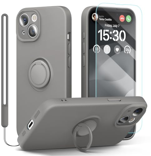pcgaga Silicone Phone Case for iPhone 15 with Screen Protector [Ring Holder Stand] [Wrist Strap] [Microfiber Lining] Slim Shockproof Protective Cover, 6.1,Gray