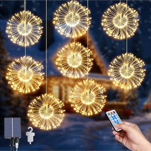Micacorn Guirnalda de luces solares – 8 unidades de luces colgantes de esfera de explosión de estrellas, 800 LED, 8 modos, alambre de cobre impermeable, control remoto para decoración de fiesta en el