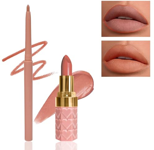 Nackt Rose Lipliner & Lipstick Set-2Pcs Samt Matt Wasserfest Lippenstift, Langanhaltend 24 Stunden Halt Not-Stick Lipgloss, Hochpigmentiert Lippen Make-up Set für Frauen zum Frauentag-N01