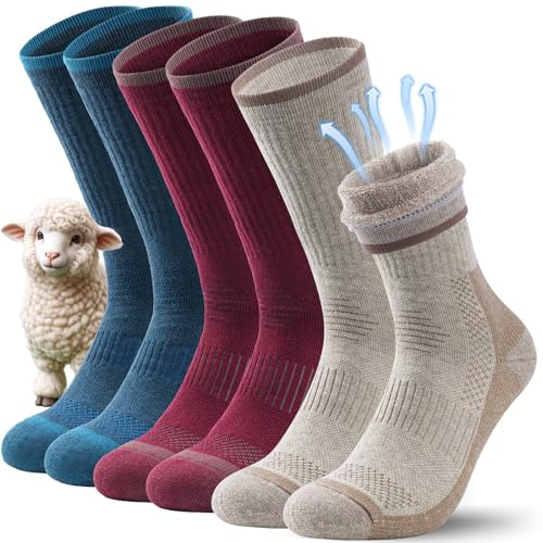 TANSTC Calcetines Lana Merino Hombre Mujer 43-46 Calcetines Invierno Termicos Antideslizante, Calcetines Deportivos de Compresión Largos para Trekking Senderismo Ciclismo, Colorido, 3 Pares