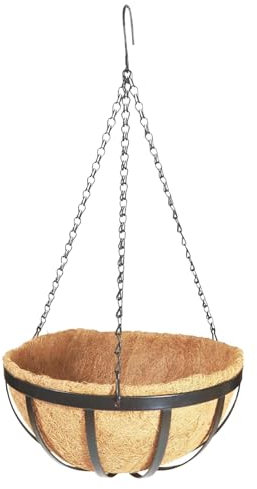 Pflanzkorb zum Aufhängen an der Wand, Blumentopf-Aufhänger, runder Pflanzenhalter auf der Vernda, hängender Pflanzkorb mit Kette und Kokosnussschalen-Einsatz, große hängende Pflanzgefäße aus Draht, G