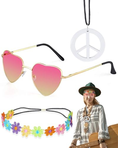 AORHOFJ 3PCS Hippie Kostüm, Hippie Kostüm Damen, Hippie Accessoires, Hippie Haarband, Vintage Hippie Brille Im Stil 60er 70er Jahre, Boho Stirnband Blume Stirnband Friedenszeichen Halskette