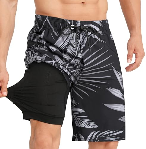 APTRO badshorts herr brädshorts med dragkedja fickor 2 i 1 badbyxor med kompressionsfoder, 4-vägs stretch, snabbtorkande, surfande, sommar, strandshorts, Grå blad svart Mk377, M
