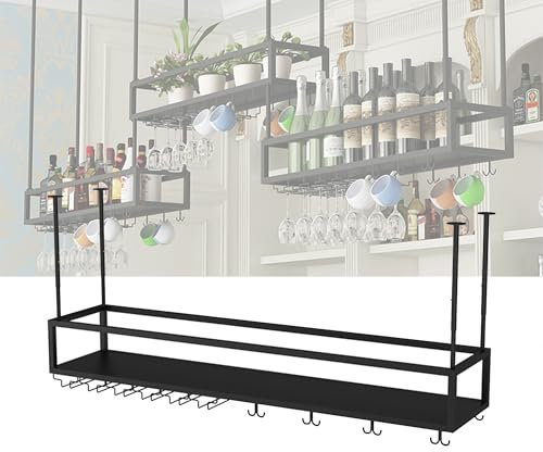 Weinregal Metall Hängend Flaschenregal Wand Schmal mit Weinglashalter Wine Rack Bar Regal Wand Barschrank Weinständer Getränke Regal Vitrine Hängend für Bartheke Wohnzimmer Küche Esszimmer(Nero,150cm/