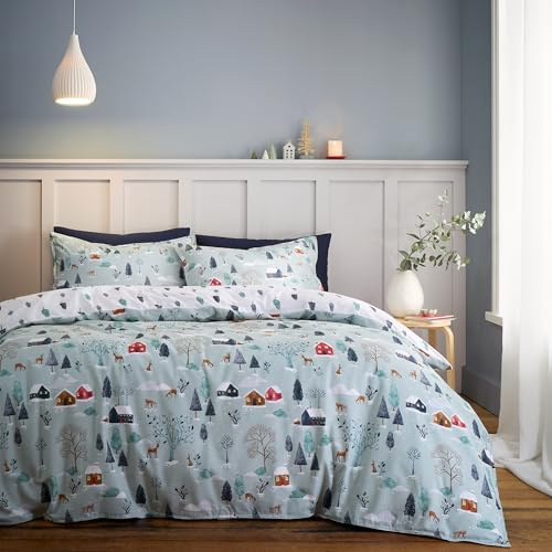 Bianca Brushed Cotton Winter Scene Reversible Double Duvet Cover Set with Pillowcases Blue
