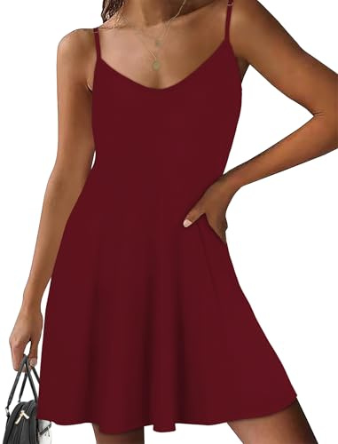 Robe d'été pour femme - Bretelles spaghetti - Robe de soleil décontractée sans manches - Robe de plage avec poches, rouge bordeaux, M