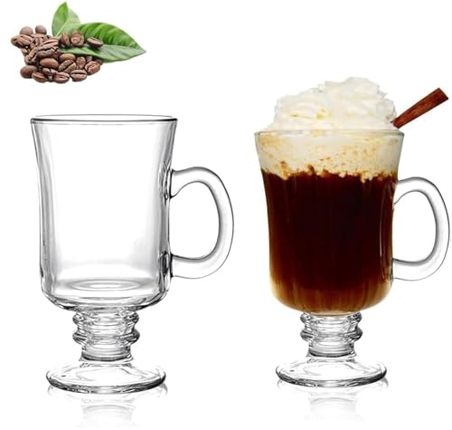 TIYETTIYI Irish Coffee Mugs, Latte Mugs, 250ml Glass Coffee Mugs with Handle for Coffee, Latte, Cappuccino, Smoothie, Hot Cold Beverage