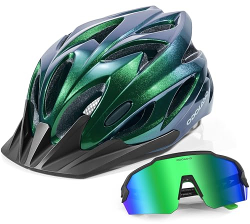 Odoland Cykelhjälmset med avtagbart solskydd och cykelglasögon, MTB- och VTC-hjälm, lätt med anti-UV, sportglasögon för cykling, herr, dam, vuxen, grön