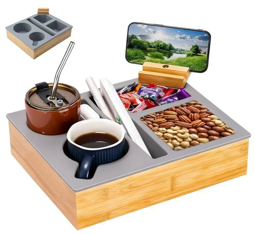 Couchbar Snackbox, Couch Tablett aus Bambus & Silikon | Sofa Tablett mit Getränkehalter & 360° Handyhalter, Snackbar Organizer Geschenke für Männer Geburtstag Wohnzimmer