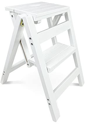 Marchepied pliant 2 marches avec pédale antidérapante Design robuste Capacité 150 kg Blanc/finition bois