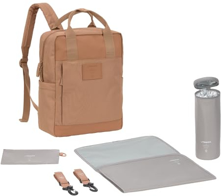 LÄSSIG GRE Vividal Almond Baby Changing Backpack with Changing Mat, Pram Attachment, Bottle Holder Sustainably Produced