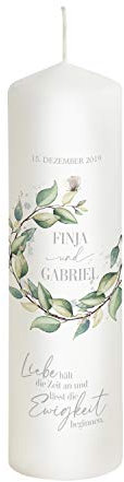 Scheinvoll® Hochzeitskerze Eukalyptus mit Namen, Datum und Spruch - Modell Ewigkeit - Personalisiertes Geschenk zur Hochzeit (25 x 8 cm)