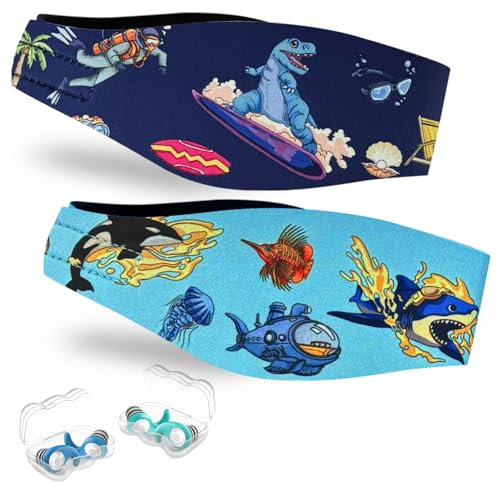 Schwimmen Stirnband für Kinder - 2 Paar Schwimm Ohrstöpsel & Neopren Schwimmband,Hohe Elastizität & Klettverschluss - Wasserdichtes Kopfband Haarband für,Tauchen, Pool, Duschen und Wassersport