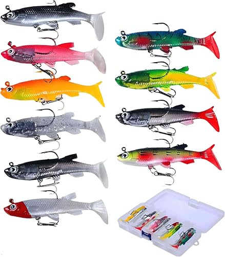 Abonana 10 Stück Gummifische Zander mit Jigkopf & Drillingshaken, Gummiköder Set mit T-Schwanz, Realistische Angelköder für Hecht, Barsch & Raubfische, Kunstköder für Süßwasser