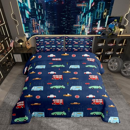 Homewish Jungen Bettwäsche Autos Blau Bunt Cartoon Auto Kinderbettwäsche 135x200,Cars Bettbezug für Mädchen Teenager,Heißluftballon Ampelmuster Modern Zuhause Schlafzimmer Dekor Bettwäscheset 2 Teilig