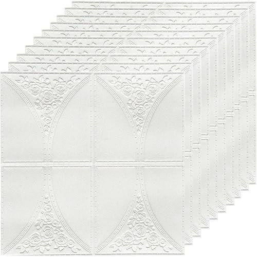 OZSSD 10 Panneaux décoratifs muraux, Papier Peint Autocollant, Stickers muraux 3D acoustiques imperméables Amovibles, 70x70cm pour la Chambre au Plafond,Blanc