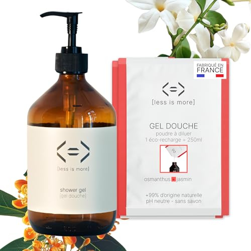Less is More Gel Douche Naturel en Poudre à Diluer Osmanthus/Jasmin, sans SLS, sans Savon, Kit Bouteille Verre GRAND FORMAT + 2 Recharges Ecologique sans Plastique, 500ml à Reconstituer Made in France