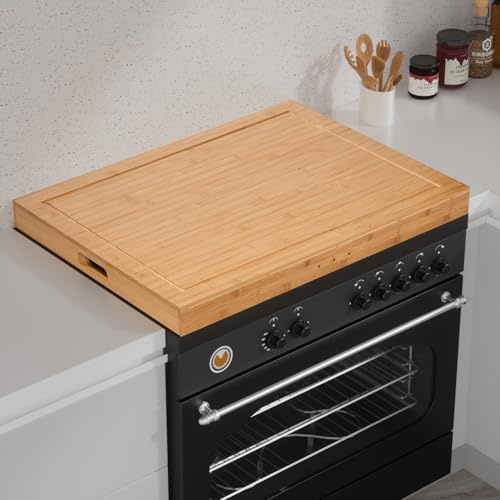 Bamboo Stove Covers for Gas Burners, 30''L x 22''W x 2.5''H Noodle Board for Electric Stove with Handles, Cutting Board with Groove, Sink Cover, Serving Tray (Natural Bamboo) | Noodle Board Design with Juice Groove, Extra Counter Space, Built-In Handles, Multi-Purpose Kitchen Serving Board
