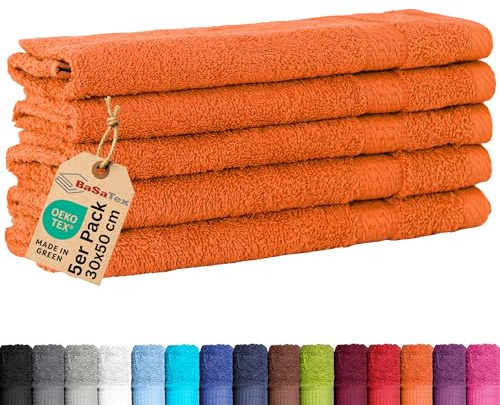 BaSaTex 5-pack frotté gästhanddukar set 30 x 50 – gästhandduk av 100 % bomull tillverkad i grönt – färg: orange