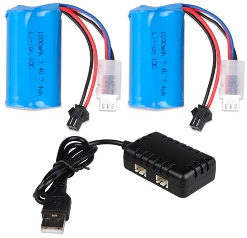 2 Stück 7,4V 1000mAh 2S Li-Ion Akku mit SM-2P Stecker & USB-Ladegerät für WPL MN D90/91, 99/99s D12 RC Auto, H101 ferngesteuertes Boot und Ansky Gel Ball Blaster