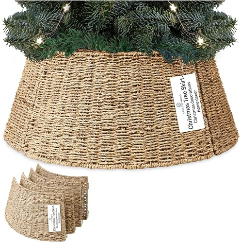 DECO EXPRESS Weihnachtsbaum Rock, Geflochtener Korb für Tannenbaum, Abdeckung Christbaumständer, Deko für Weihnachten, 51 x 25 cm (Beige, Top 51cm/Base 66cm)