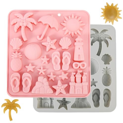 Lyreh 2pcs Summer Beach Themed Chocolate Molds, Soft Silicone Summer Tropical Candy Fondant Mold Coconut Tree Seashell Pineapple Shape Baking Moulds Tool for Party Chocolate Candy Making