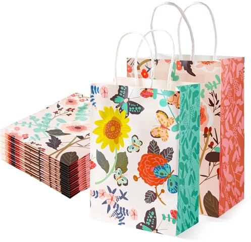 Papiertüten 10 Stück, Geschenktüten aus Kraftpapier,Bunte florale pastorale Geschenktüte, Große Geschenktüten mit Henkel 21 x 15 x 8 cm, Geeignet für Weihnachten, Geburtstage, Hochzeiten, Babypartys