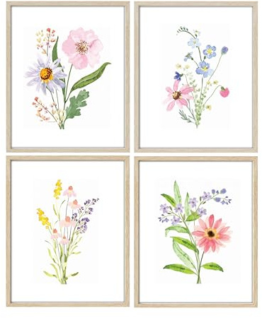 IKORNUO Ungerahmte botanische Blumen-Wandkunstdrucke, Aquarell-Wildblumen-Bilder für Schlafzimmer-Wände, bunter Blumenstrauß, Kunstdruck, 20,3 x 25,4 cm, 4 Stück