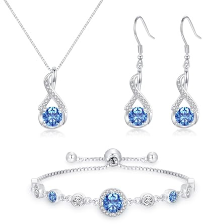 Cangall Silber Schmuck Set Damen, 925 Sterling Silber Halskette & Ohrringe & Armband Set mit Blau Cubic Zirkonia, 45+5cm Halskette & Ohrringe Hängend & Verstellbar Armband Silberschmuck für Hochzeit