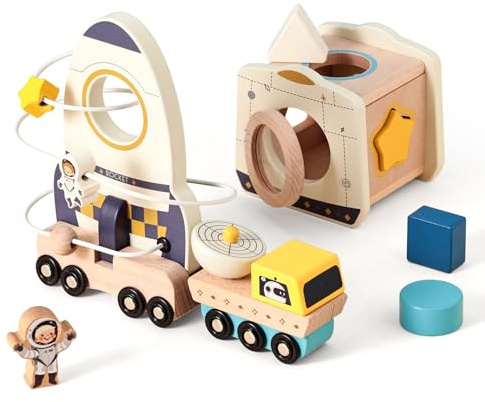 OESSUF Motorikwürfel Babyspielzeug Holz Weltraum Magnetisches Fahrzeug 3-teiliges Set, Montessori-Spielzeug für Kinder ab 1 Jahr, Frühkindliches Lernspielzeug, Geburtstagsgeschenke für Jungen