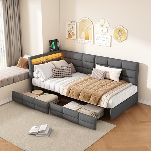 BPKADHY Polsterbett Schlafsofa 90x200 cm mit USB-Type-C,Kinderbett Einzelbett mit 2 Stauraum Schubladen,Tagesbett Sofabett Jugendbett Bettgestell mit Lattenrost, Leinen Grau, Ohne Matratze