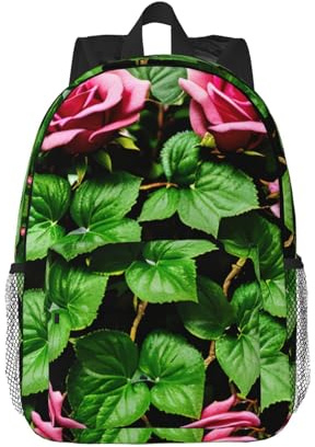WOPQS Sac à dos classique à motif floral rose lierre avec feuilles 38,1 cm