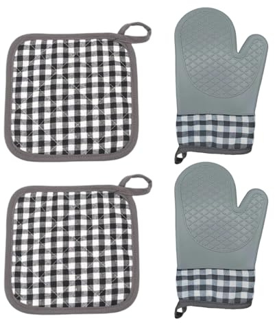 Oven Mitts - Grill Gloves | Heat Protection Textured Grip Cooking Gloves | Dirt Resistant Design Silicone/Cloth Kitchen Potholders for Microwave Home Stove Serving Hot Pot Air Fryer Outdoor