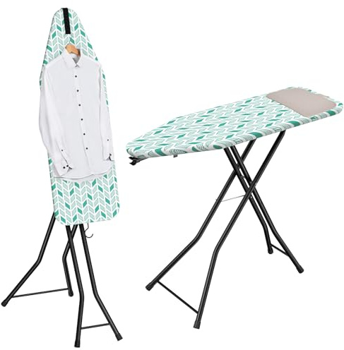 LyriFine Ironing Board, 2-in-1 Flat and Hanging Board, Sturdy Steel Frame Iron Board with Non-Slip Feet, Heat Resistant Cover Iron Board, Foldable Ironing Board Full Size with Hook, 14″ x 43″ Green
